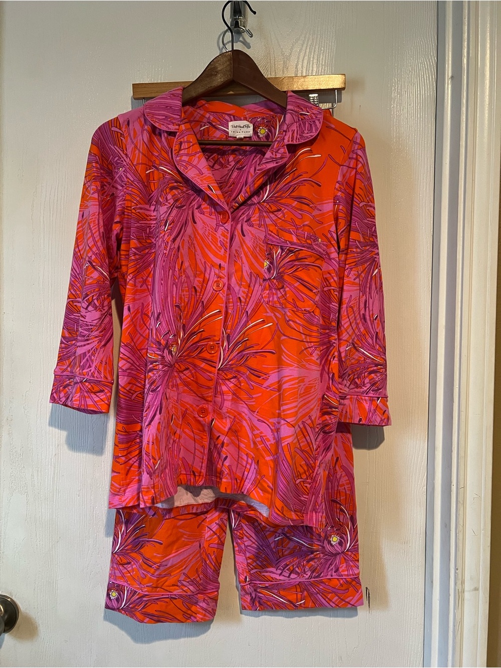 Trina Turk x BedHead Pajamas Orange Purple Floral Knit PJ Set Women sz Small